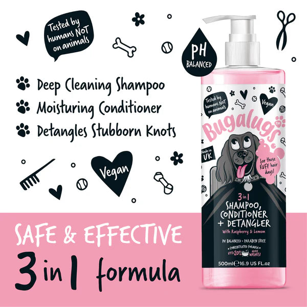 Bugalugs 3 in 1 Raspberry and Lemon Dog Detangling Shampoo 250ml