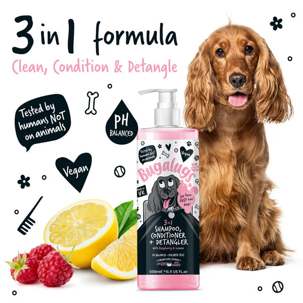 Bugalugs 3 in 1 Raspberry and Lemon Dog Detangling Shampoo 250ml